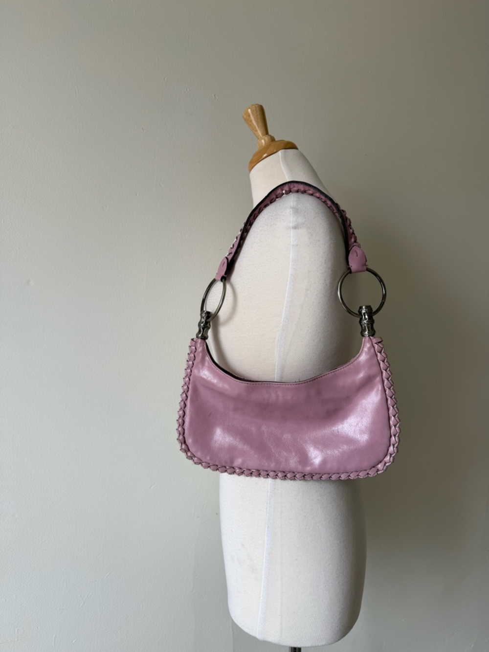 Vintage Pink Braided Leather Shoulder Bag Y2K Mini Hobo Purse